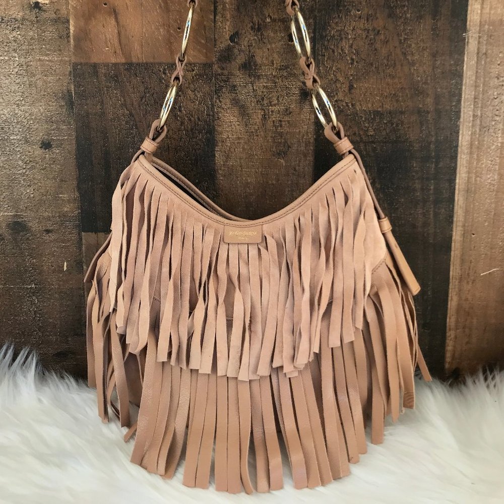 Yves Saint Laurent Fringe La Boheme Beige Suede and Leather Hobo Bag w/COA